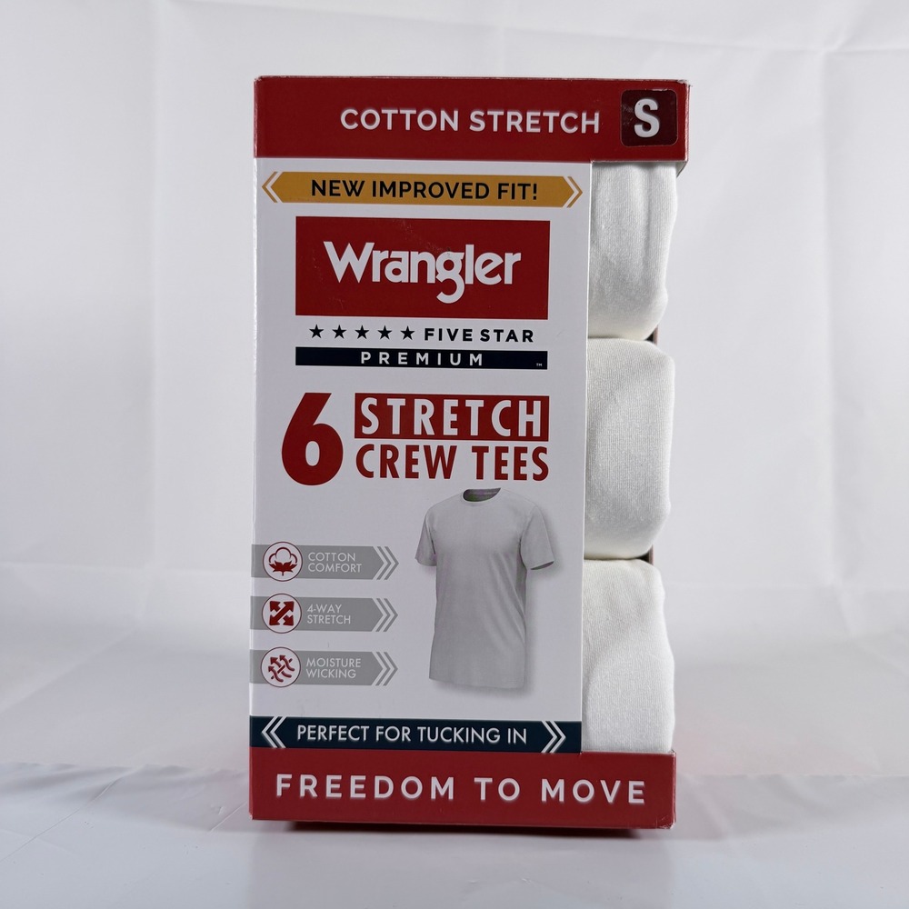 Wrangler Five Star Premium Men Cotton Stretch Crew Tees White 6 Pack Small New